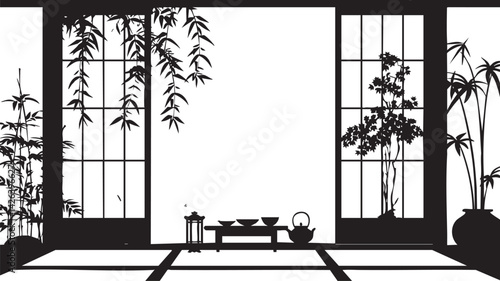 Silhouette of a traditional Japanese room with tea set and bamboo plants framed by sliding shoji doors.