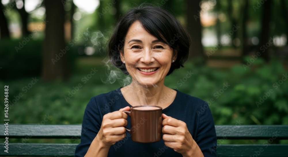 Woman enjoying hot drink in park Woman enjoying hot drink in park