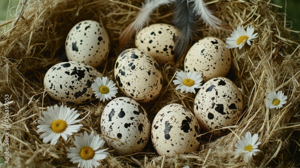 Speckled Easter eggs arranged in a nest of hay with daisies and feathers Speckled Easter eggs arranged in a nest of hay with daisies and feathers