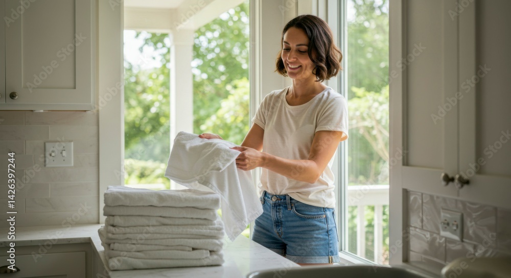 Woman folding laundry by window Woman folding laundry by window