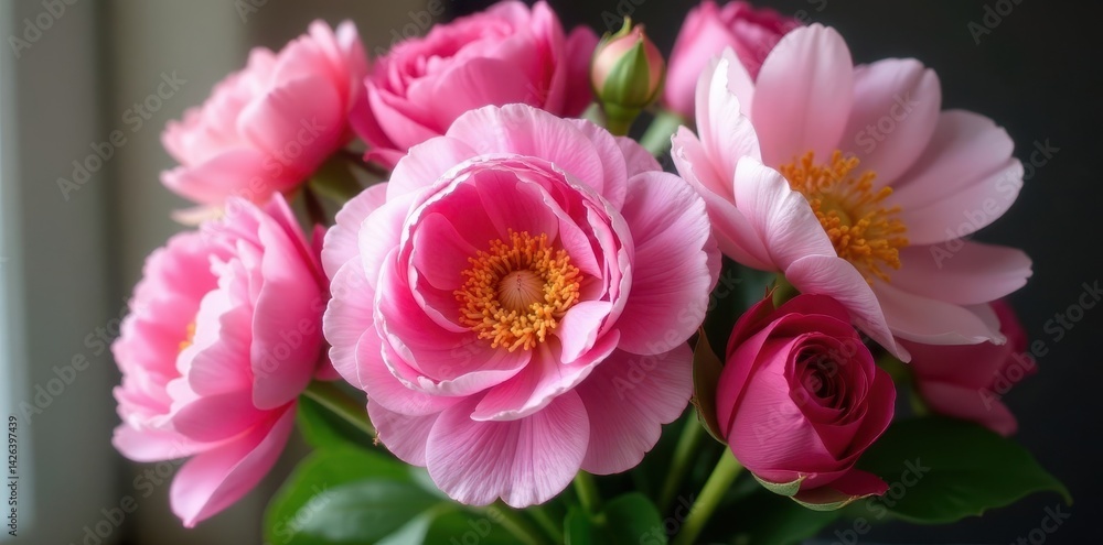 Fototapeta premium Pink peonies and roses bouquet Abundant blooms, copy space , celebration, blank space