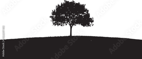 Silhouette of a single tree standing on a hill against a white background, showcasing natural simplicity and peaceful outdoor scenery.