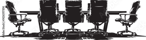 Black and white silhouette of an empty office conference table with six executive swivel chairs arranged around it