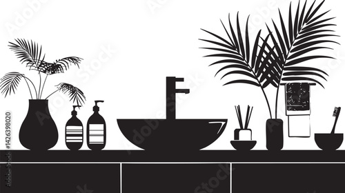 Silhouette of a modern bathroom vanity with sink, faucet, plants, soap dispensers, towel, and toothbrush holder