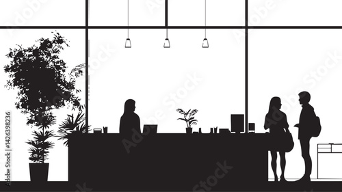 Silhouette of people interacting at a reception desk in a modern office lobby with plants and pendant lights