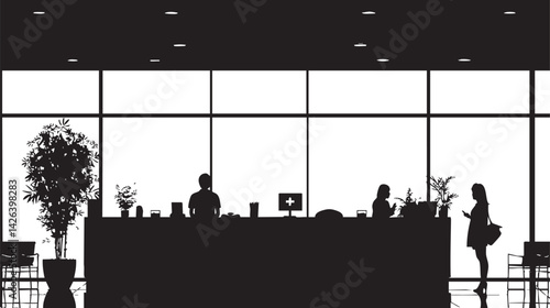 Silhouette of people at a modern office reception desk with plants and chairs in lobby area