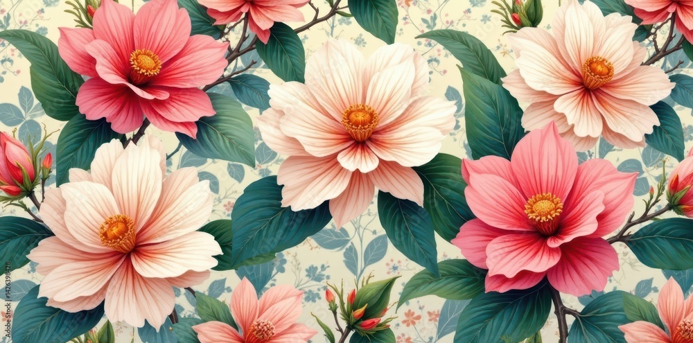 Delicate Art Nouveau Seamless Pattern with Blooming Blossoms, elegant design, foliage Delicate Art Nouveau Seamless Pattern with Blooming Blossoms, elegant design, foliage