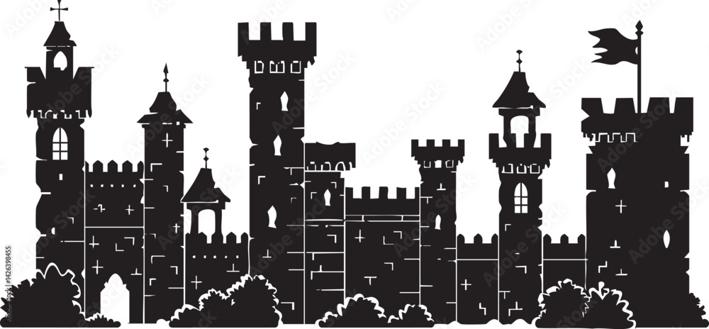 Obraz premium Black silhouette of a medieval castle with towers, battlements, and a flag on white background