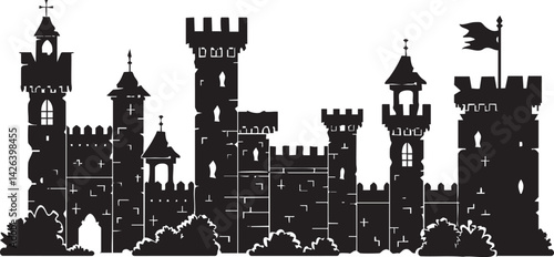 Black silhouette of a medieval castle with towers, battlements, and a flag on white background