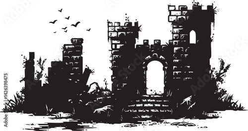 Black silhouette of medieval castle ruins with stone archway and birds flying in nature