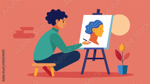 A person sitting in front of an easel painting a selfportrait that reflects their innermost thoughts and emotions.. Vector illustration