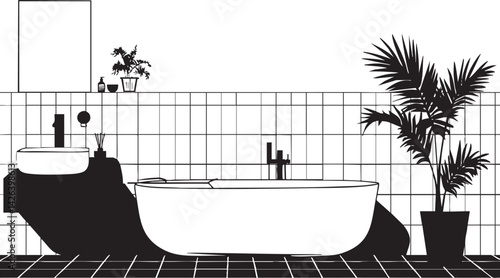 Black and white minimalist bathroom interior with bathtub, sink, tiled wall and potted plants