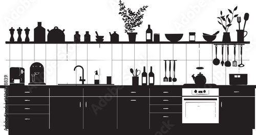 Silhouette of a modern kitchen interior with cabinets, sink, oven, and various kitchen utensils and appliances