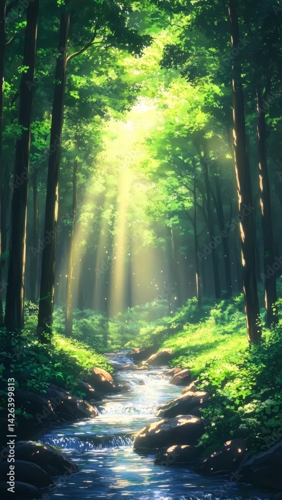 Fototapeta premium Forest Stream Sunlight Anime Style