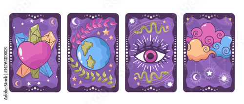 Hand drawn Tarot cards with magical eye, crystals and decorative elements. Mystery, astrology, esoteric. Vector illustration