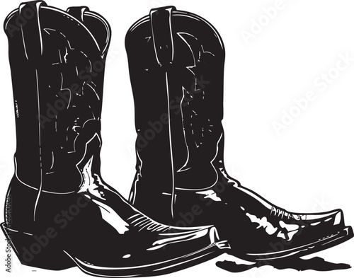 Black and white illustration of a pair of classic cowboy boots isolated on white background