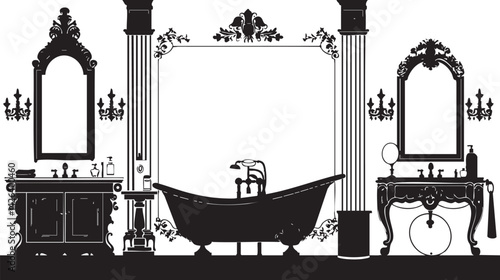 Black and white silhouette of a vintage bathroom interior with ornate mirrors, bathtub, and columns