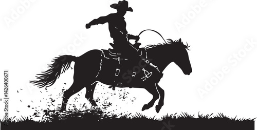 Silhouette of a cowboy riding a galloping horse on grass with dust flying outdoors