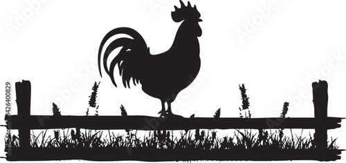 Silhouette of a rooster standing on a wooden fence with grass and plants around, isolated on white background.
