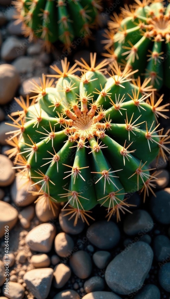 Obraz premium Prickly pear cactus aerial view, rocky ground , detail, still life