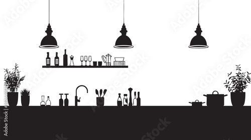 Silhouette of a modern kitchen counter with bottles utensils pots plants and hanging lights on white background