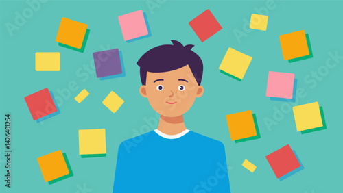 A student surrounded by colorful sticky notes each one representing a different aspect of their budget plan.. Vector illustration