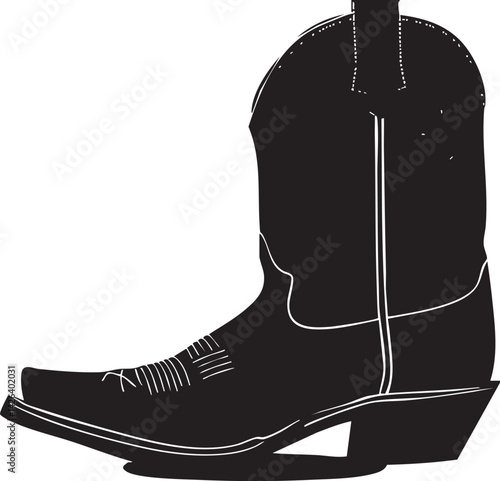 Black silhouette of a classic cowboy boot with stitching and heel in western style footwear