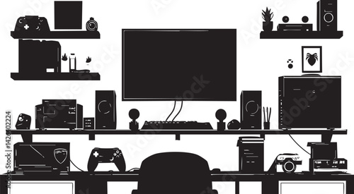 Silhouette of a modern workspace with computer, monitor, shelves, camera, game controllers, and office accessories on desk.