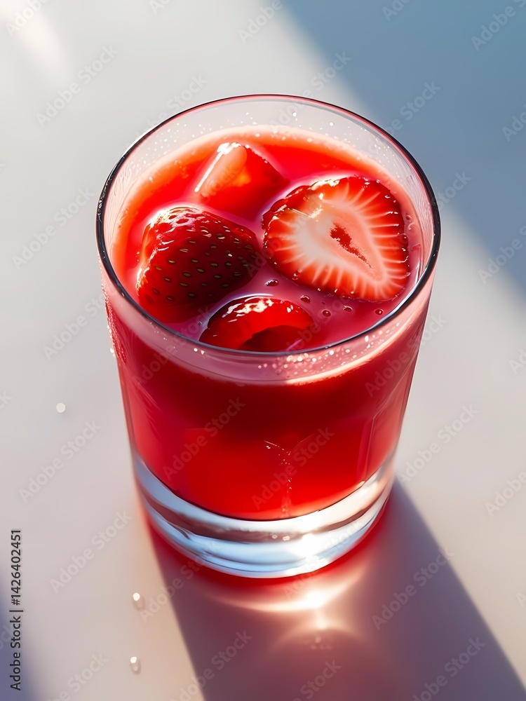 Refreshing strawberry drink served in a glass on a sunny day