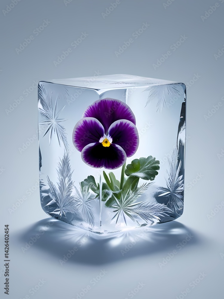 Purple flower encapsulated in ice cube artfully displayed on a neutral background