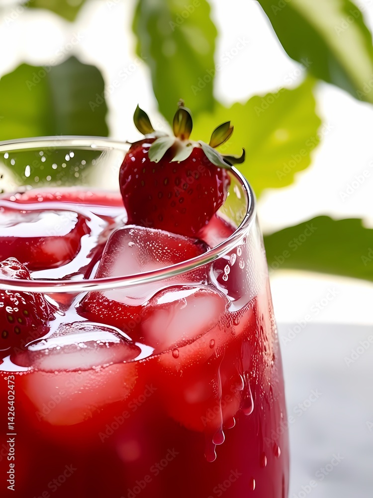 Refreshing red beverage garnished with strawberries in a sunny outdoor setting