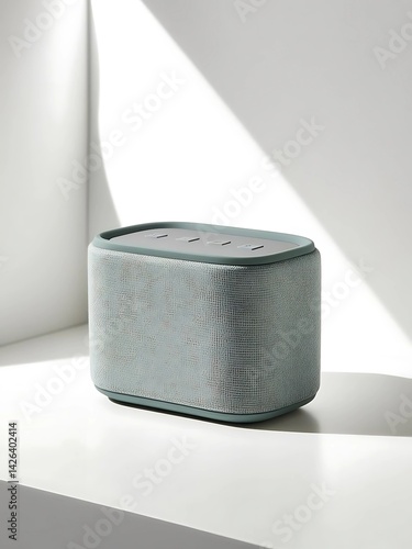 Stylish portable speaker placed on a minimalistic shelf with soft lighting