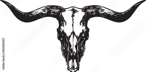 Black and white illustration of a bull skull with long curved horns isolated on white background