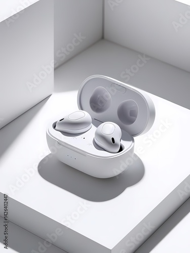 Wireless earbuds displayed in a minimalist setting with soft shadows and clean lines