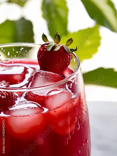 Obraz na płótnie Refreshing red beverage garnished with strawberries in a sunny outdoor setting w salonie