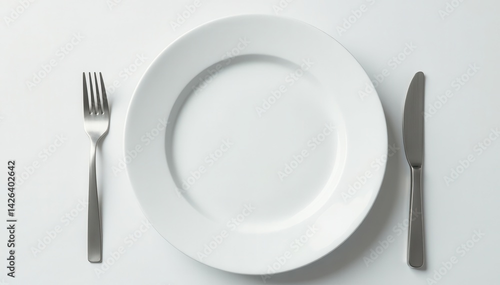 Pure white table setting, simple plate, single utensil, clean lines, overhead Pure white table setting, simple plate, single utensil, clean lines, overhead