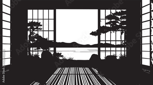 Silhouette of a traditional Japanese room with sliding doors opening to a serene landscape of trees and mountains.
