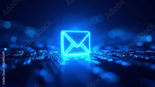 Futuristic glowing email icon on a digital background with binary code elements, symbolizing communication