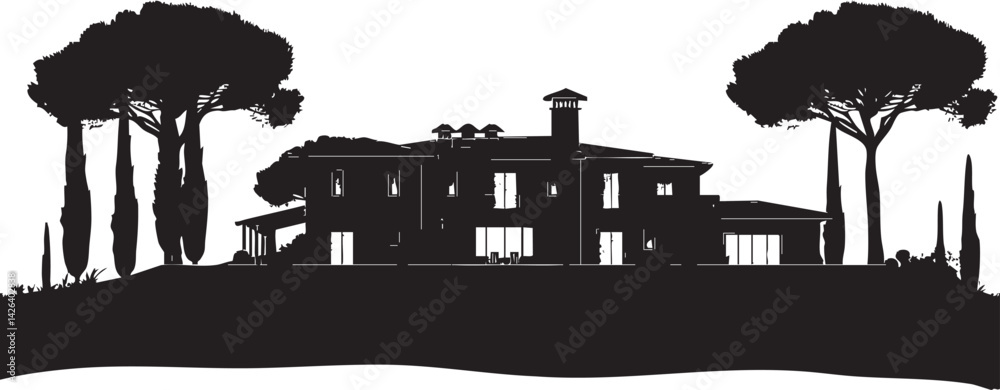 Fototapeta premium Silhouette of a large villa with trees and landscaping on a hill in a peaceful countryside setting