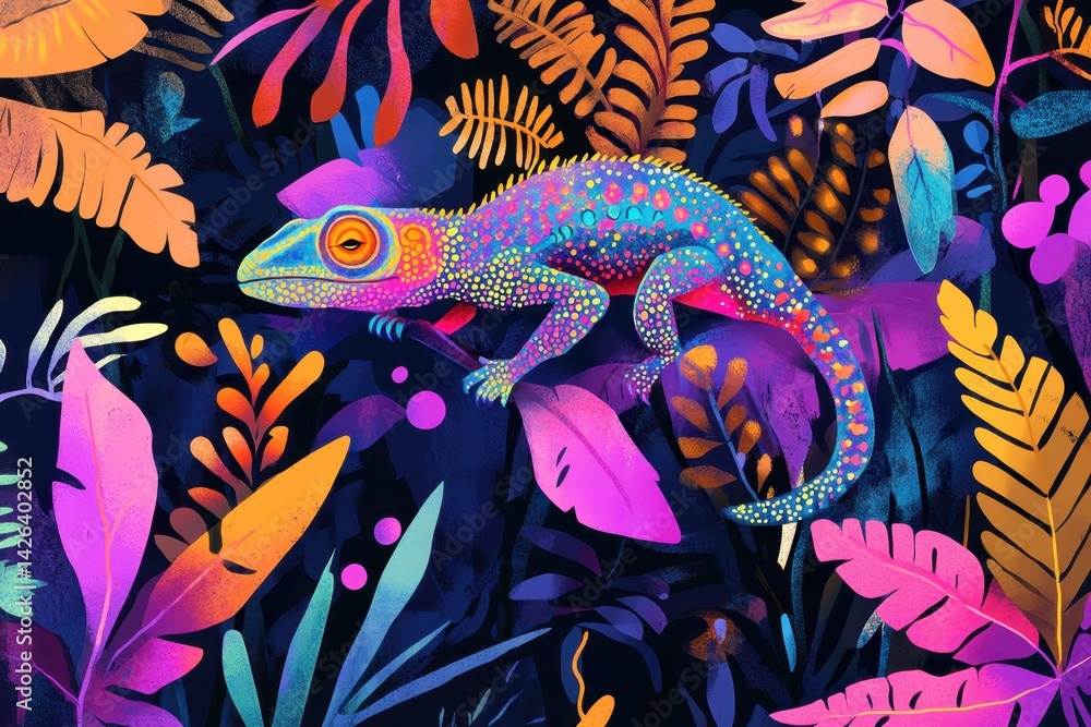 A chameleon blending seamlessly into a vibrant ju