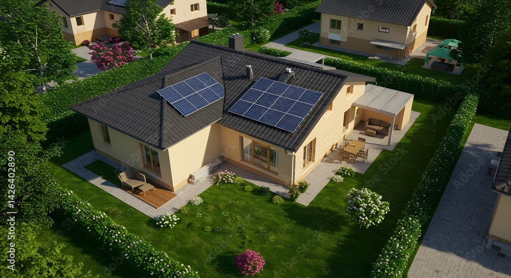 Solar panel installation on house roof aerial view modern Solar panel installation on house roof aerial view modern