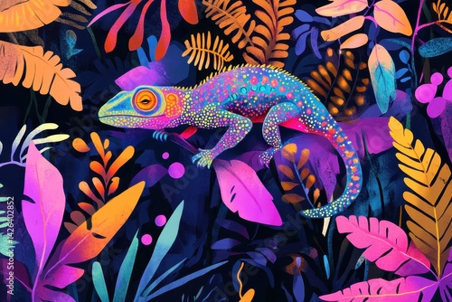 A chameleon blending seamlessly into a vibrant ju