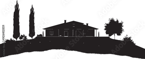 Silhouette of a house on a hill with surrounding trees and shrubs in a peaceful landscape