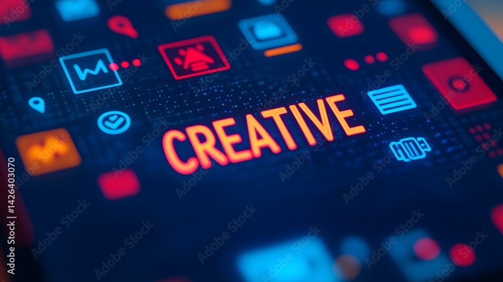 Obraz premium Digital Tablet Projecting CREATIVE with Floating Tech Icons for Modern Thinking