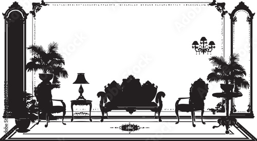 Silhouette of a classic vintage living room interior with ornate furniture, plants, and wall decor
