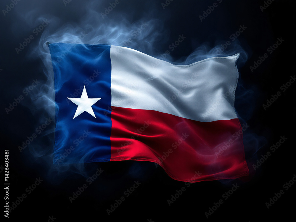 Texas flag with Lone Star, waving fabric texture on dark smoke background. Texas flag with Lone Star, waving fabric texture on dark smoke background.