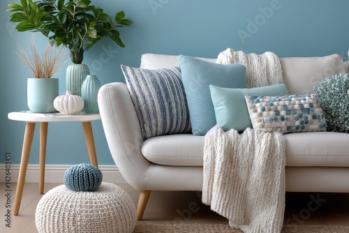 A modern living room with blue walls, a white sofa, and a side table. The sofa is covered in soft fabric that creates an inviting atmosphere.