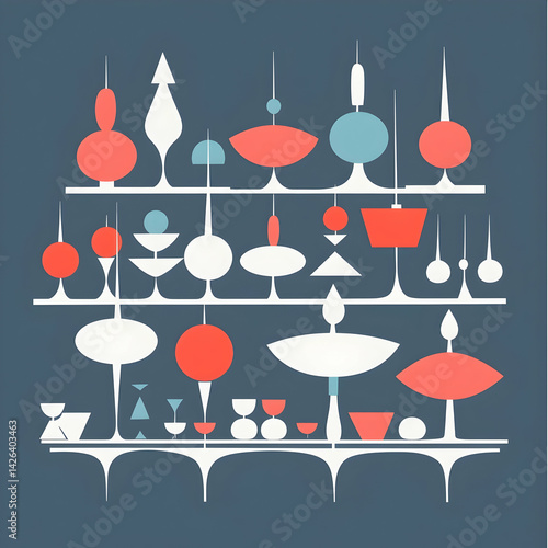 Mid-century modern abstract art design on shelves, colorful geometric shapes, home decor, website background