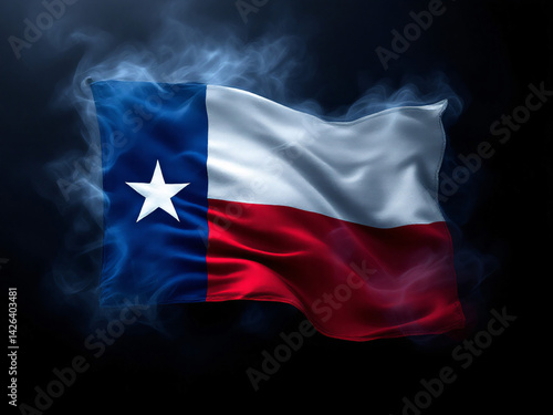 Texas flag with Lone Star, waving fabric texture on dark smoke background.