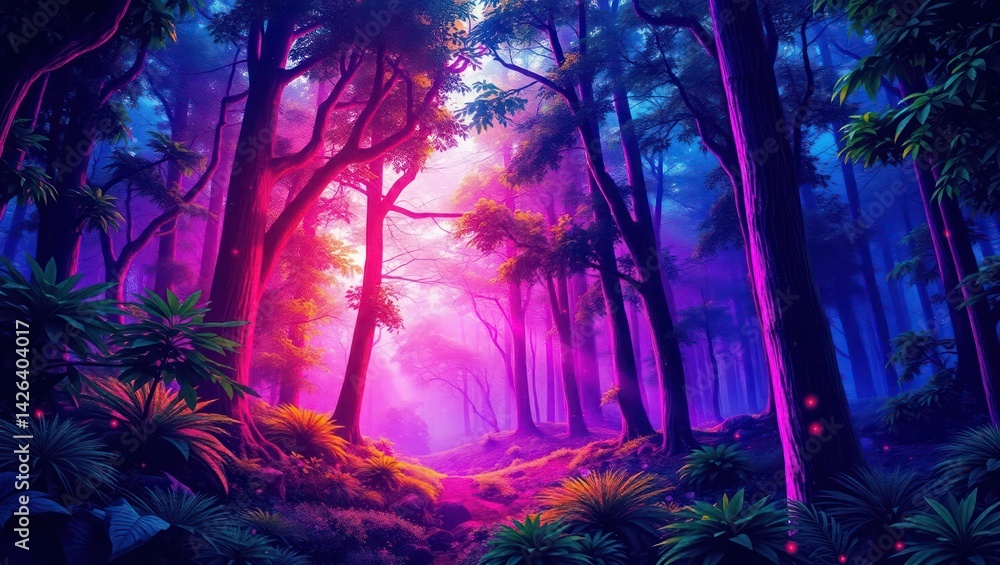 Fototapeta premium illustration of forest Neon splased with colorful background